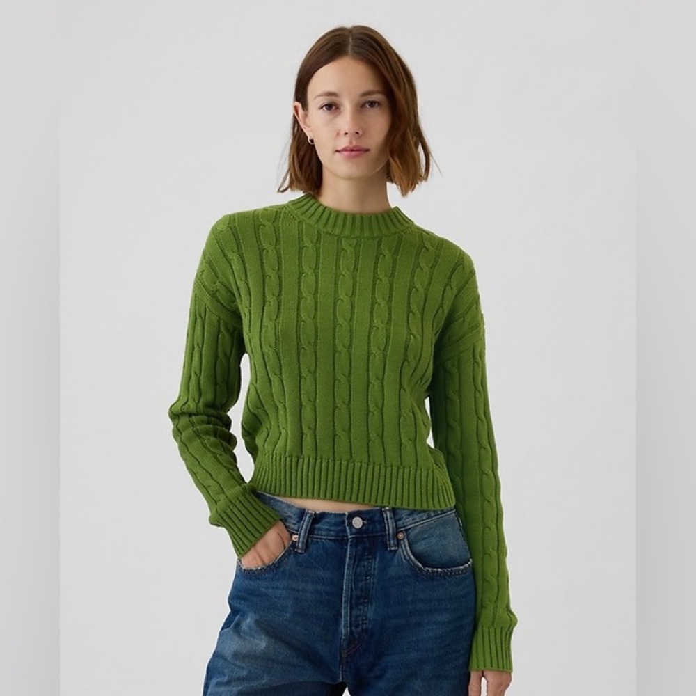 Gap Cropped Cable Knit Cotton Sweater, Green, Size Medium